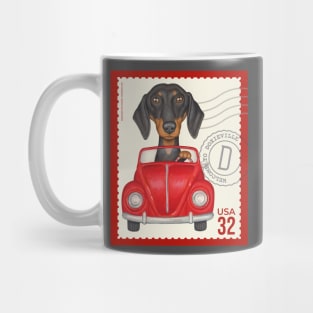 Cute Doxie driving classic red car on vintage stamp Mug